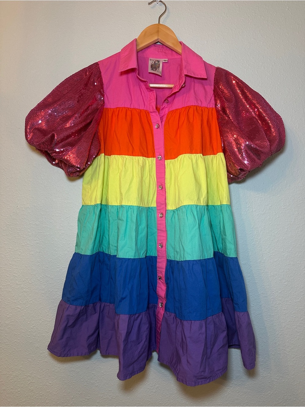 QUEEN OF SPARKLES Rainbow Tiered Button-Down Dress - Sequin Puff Sleeves - XS